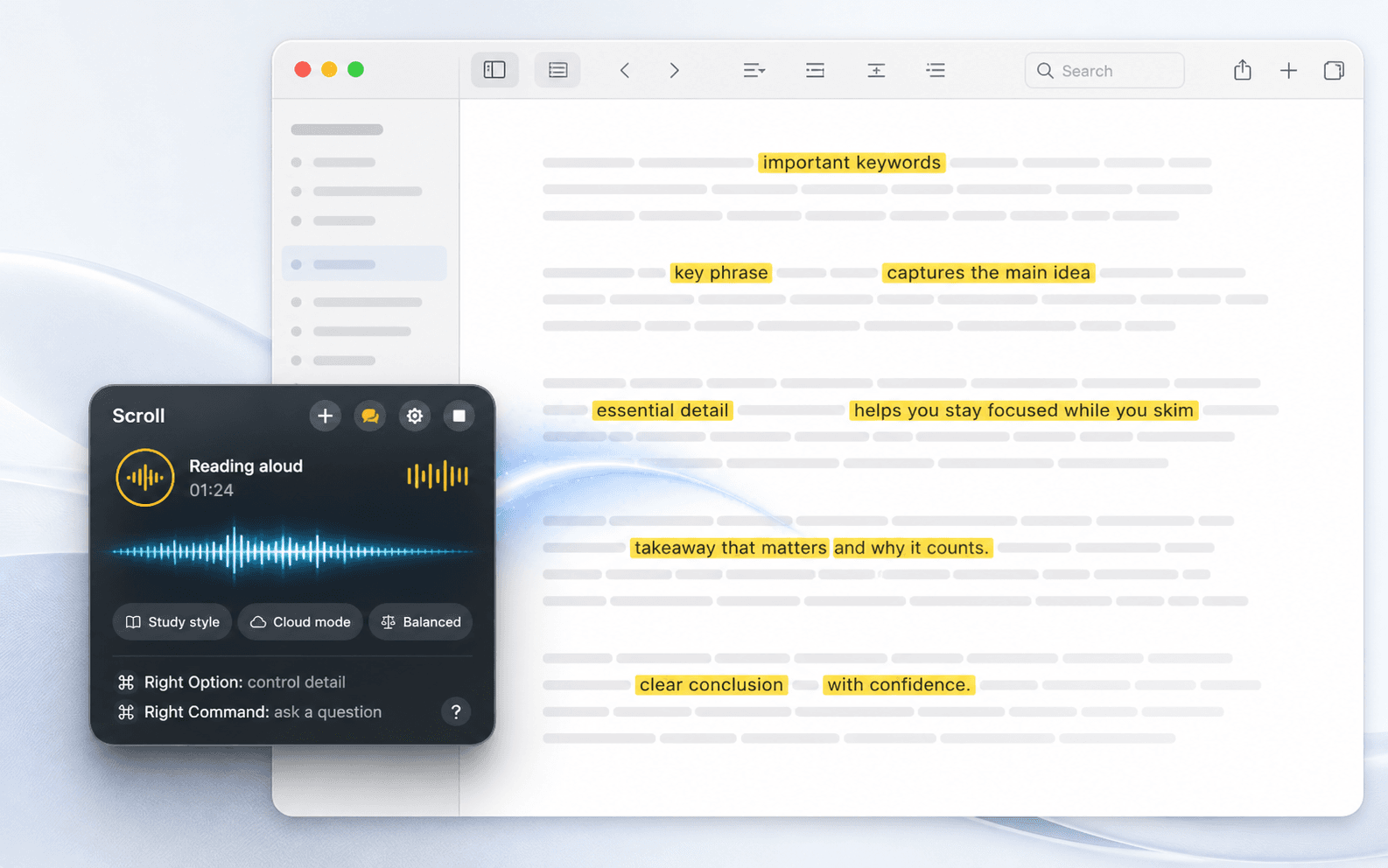 Scroll narrating a document while key phrases are highlighted in yellow on the page.
