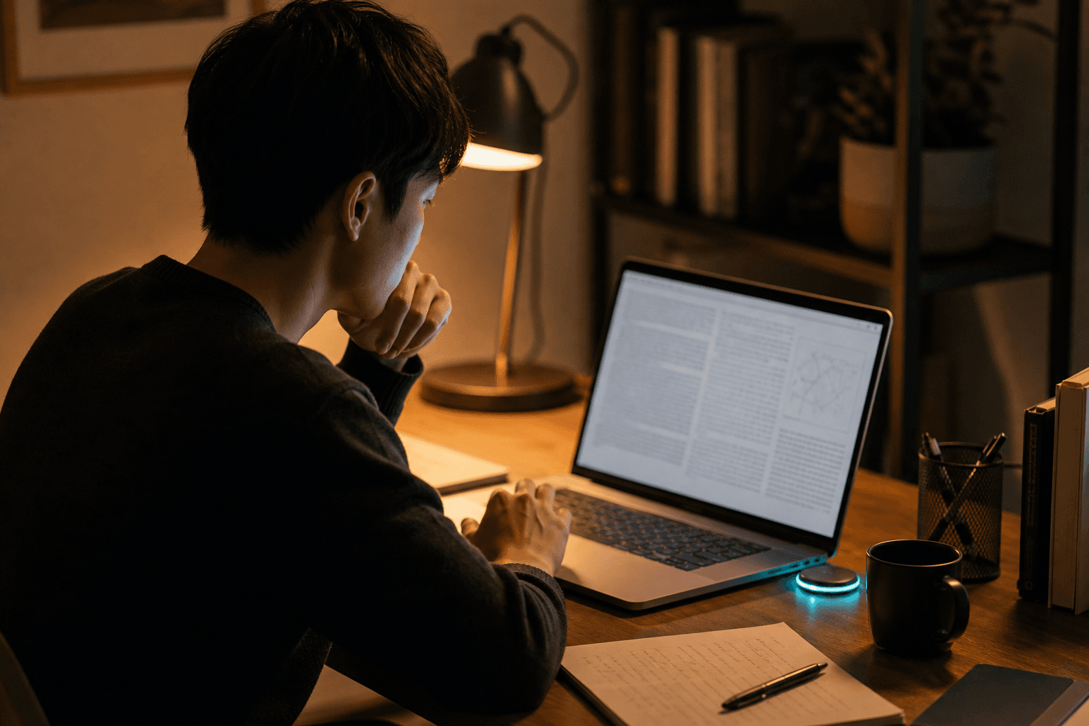 Person using a Mac at a desk with Scroll's glowing audio control ready for questions about the visible document.