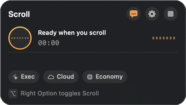 Scroll's floating macOS panel showing the narrator status, timer, settings, stop control, and chips for Executive Brief, Cloud mode, and Economy model.